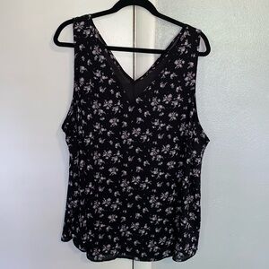 Black Floral V-Neck Flowy Tank Top with Purple Flowers by Maurice’s Size 2X